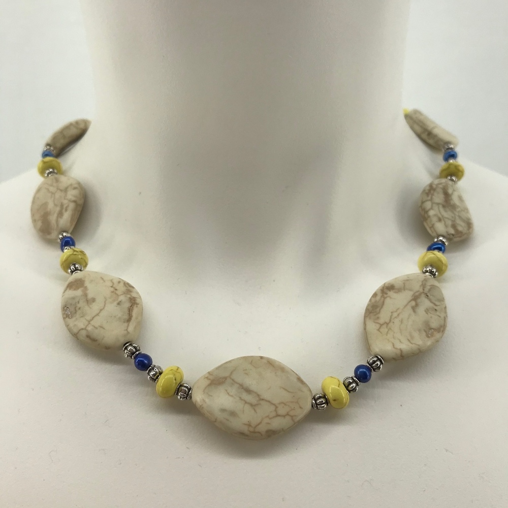White & Yellow Magnesite Stone Blue Pearl Necklace